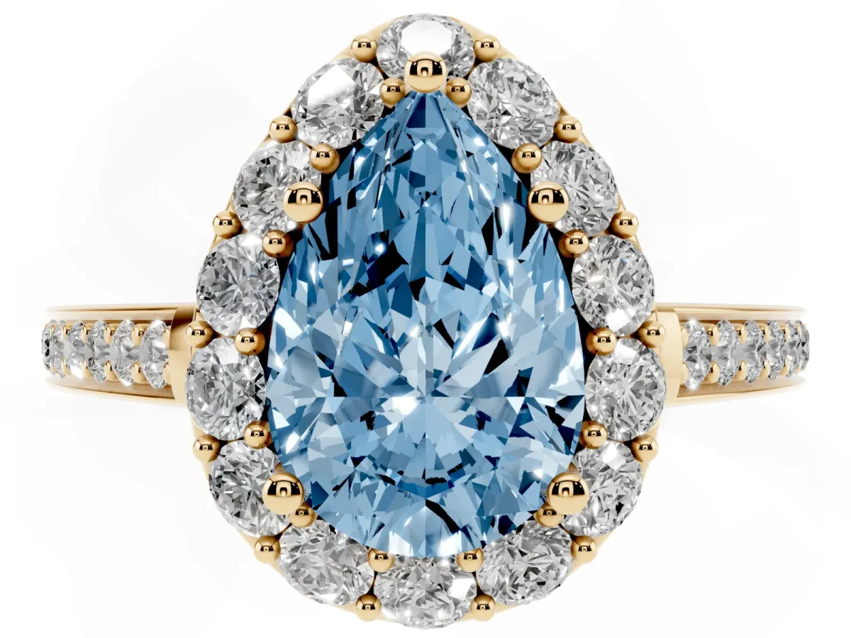 Fancy Blue Pear Cut Diamond Floral Halo Ring with Pavé Band and Prong Setting Yellow gold