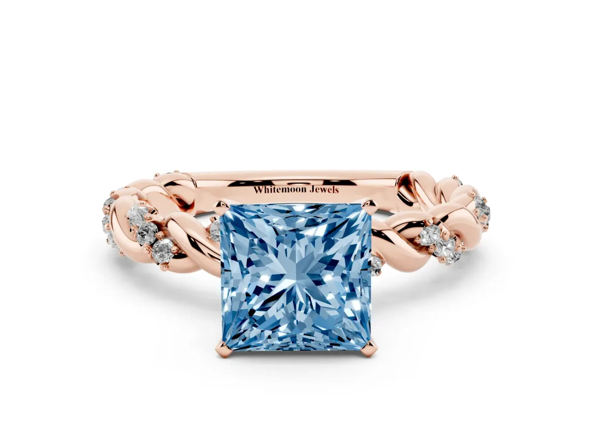 Fancy Blue Princess Cut Diamond Solitaire Ring with Twisted Band and Pavé Accents Rose gold