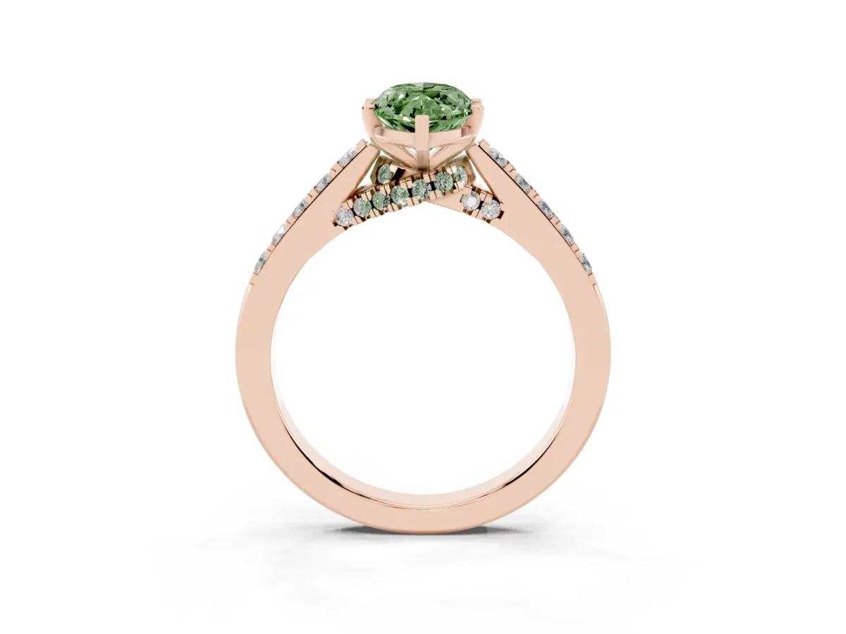 Fancy Green Marquise Cut Diamond Solitaire Ring with Crossover Gallery and Round Pavé Band Rose gold