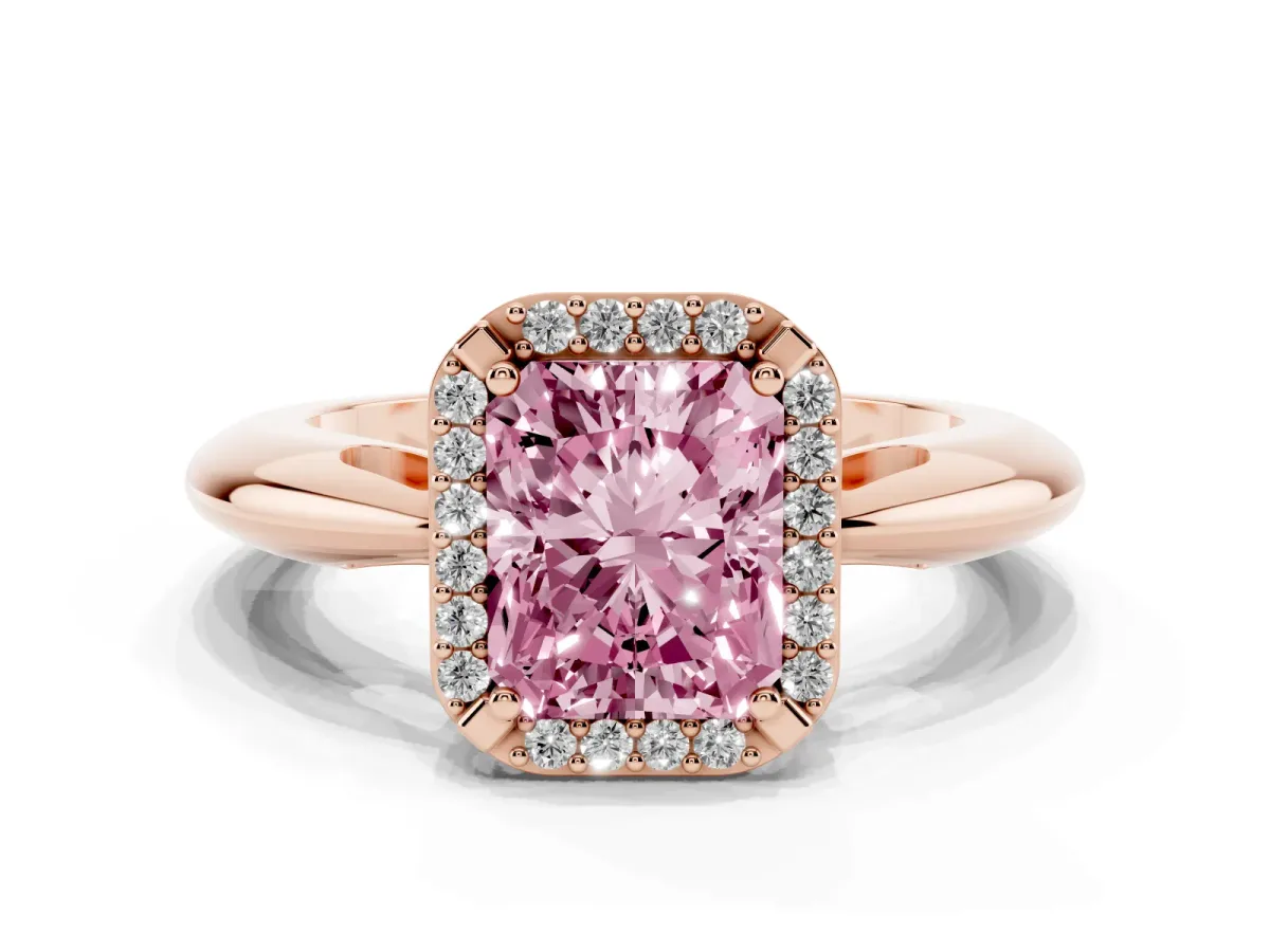 Fancy Pink Radiant Cut Cut Diamond Halo Engagement Ring with Split Shank and Four-Prong Setting Rose gold