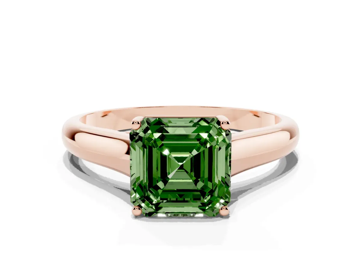 Fancy Green Asscher Cut Solitaire Engagement Ring with Tapered Band and Four-Prong Setting Rose gold
