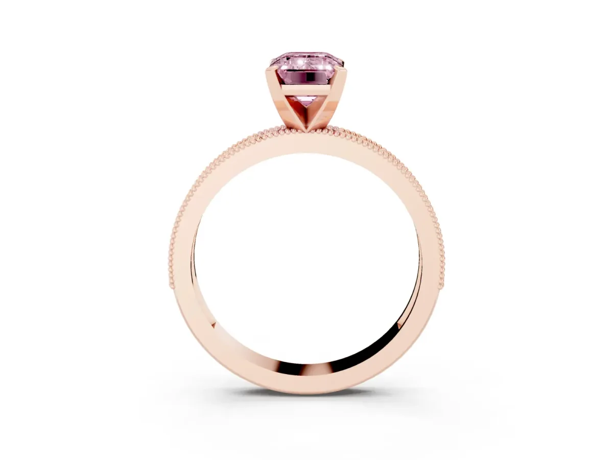 Fancy Pink Emerald Cut Diamond Milgrain Pavé Engagement Ring with Four-Prong Setting Rose gold