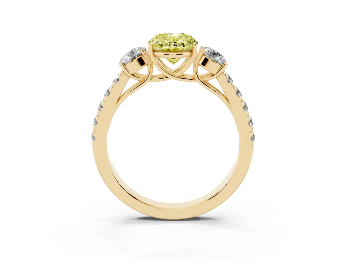 Fancy Yellow Oval Cut Cut Diamond Three-Stone Ring with Round Side Stones and Pavé Band Yellow gold