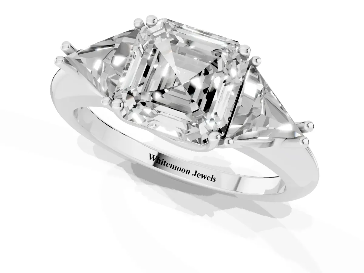 Three-Stone Asscher Cut Diamond Engagement Ring with Trillion Side Stones and Prong Setting Silver
