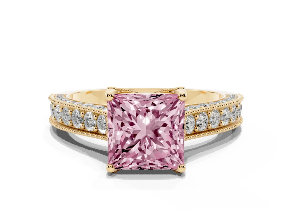 Fancy Pink Princess Cut Cut Diamond Solitaire Ring with Milgrain Pave Band and Four Prong Setting Yellow gold