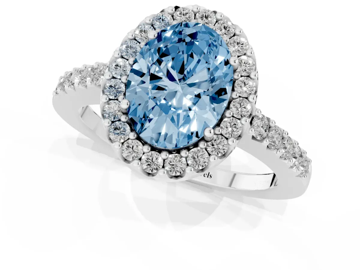 Fancy Blue Oval Cut Halo Diamond Pavé Solitaire Ring Platinum