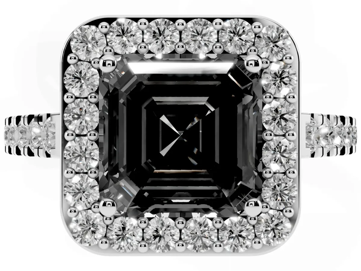 Fancy Black Asscher Cut Diamond Halo Ring with Round Pavé Split Shank and Prong Setting Silver