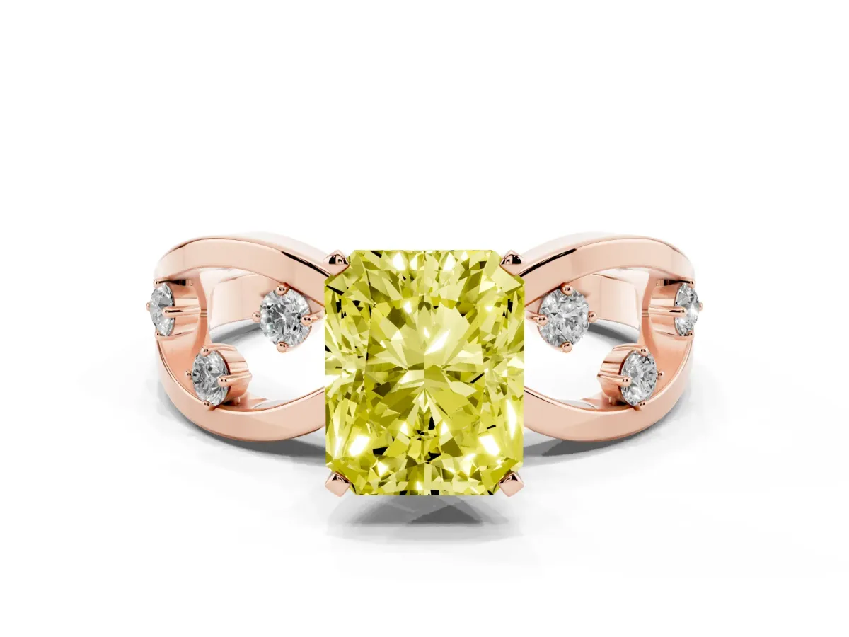 Fancy Yellow Radiant Cut Cut Solitaire Diamond with Side Stones on Criss-Cross Band and Four-Prong Setting Rose gold