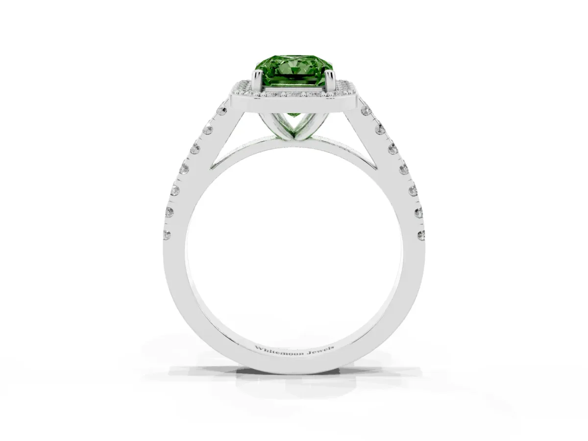 Fancy Green Radiant Cut Diamond Halo Ring with Round Pavé Split Shank and Prong Setting Silver