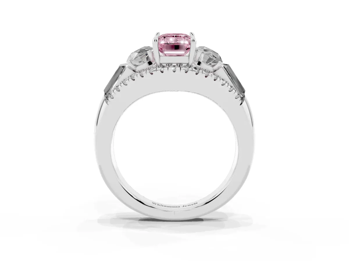 Fancy Pink Three-Stone Emerald Cut Diamond Engagement Ring with Pave Band and Prong Setting Silver