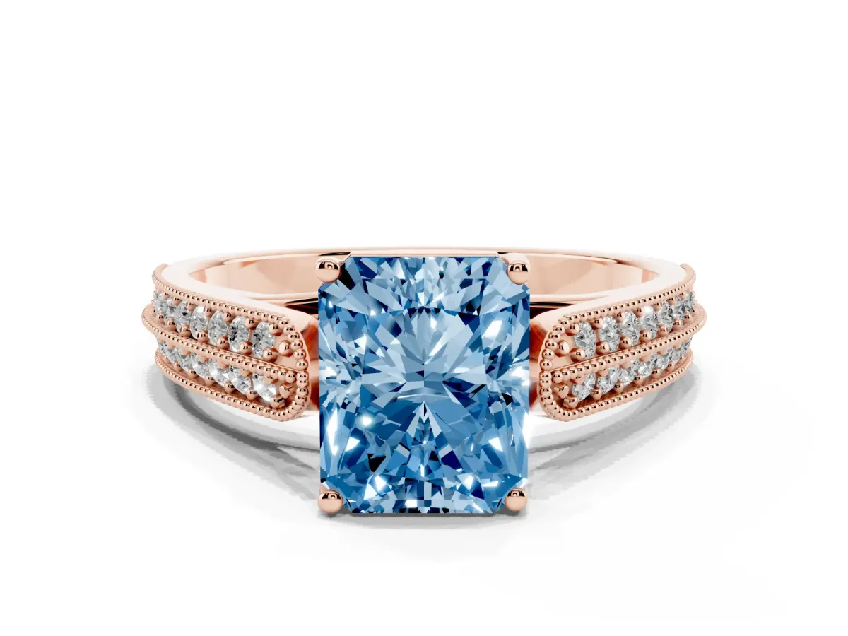 Fancy Blue Radiant Cut Cut Pave Split Shank Engagement Ring with Four-Prong Setting Rose gold
