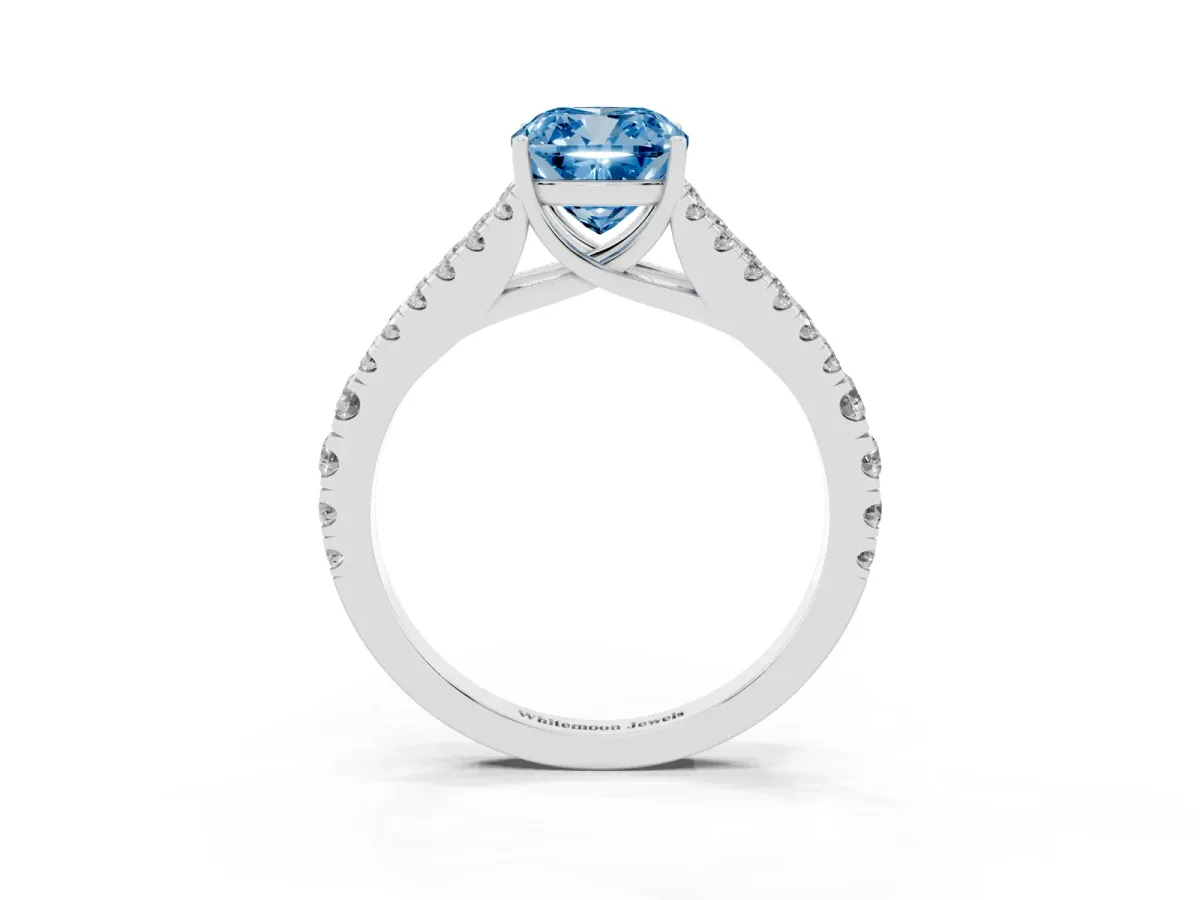 Fancy Blue Cushion Cut Diamond Split Shank Engagement Ring with Round Pavé and Prong Setting Platinum