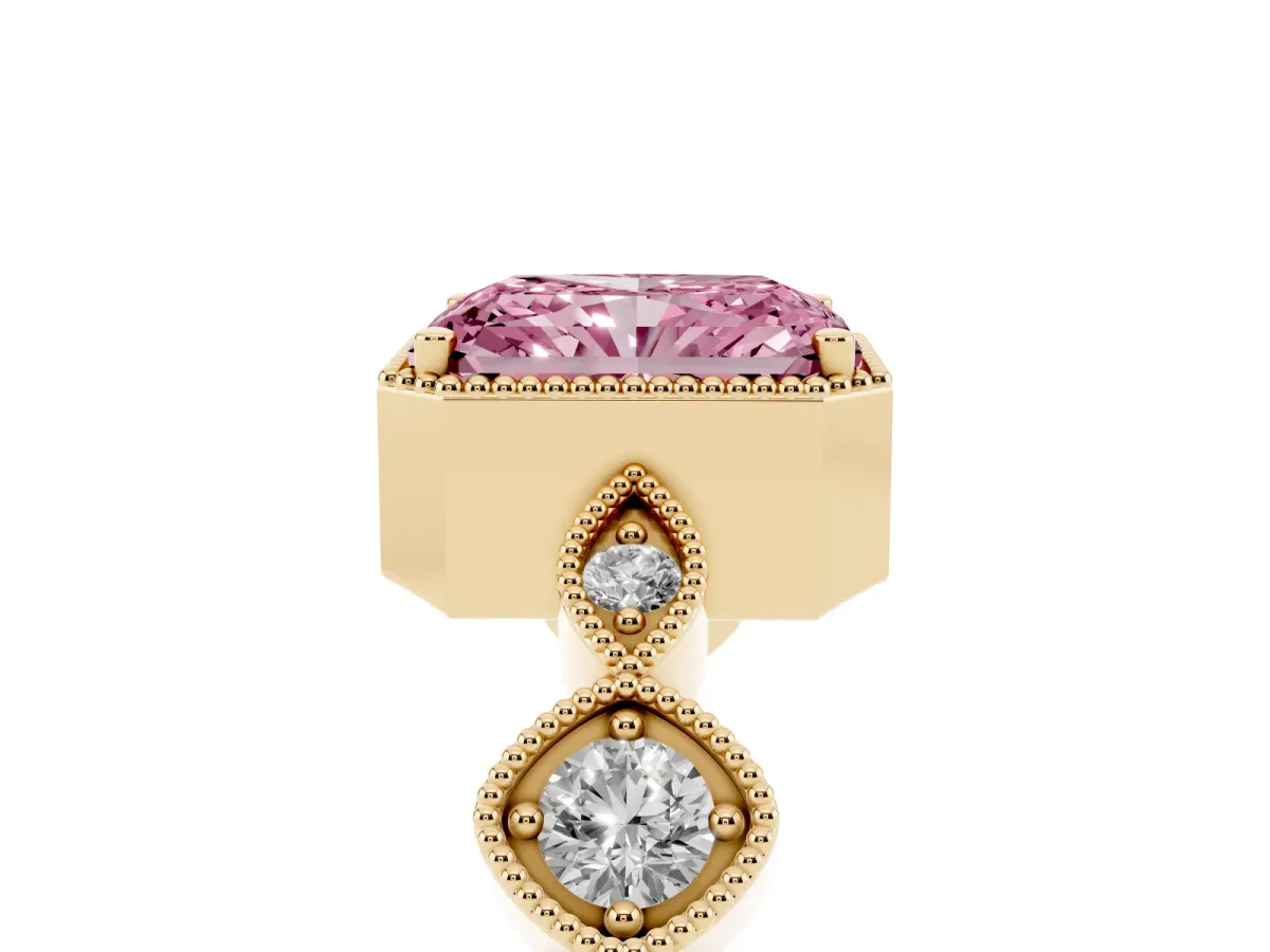 Fancy Pink Radiant Cut Diamond Vintage Milgrain Ring with Round Stations Yellow gold