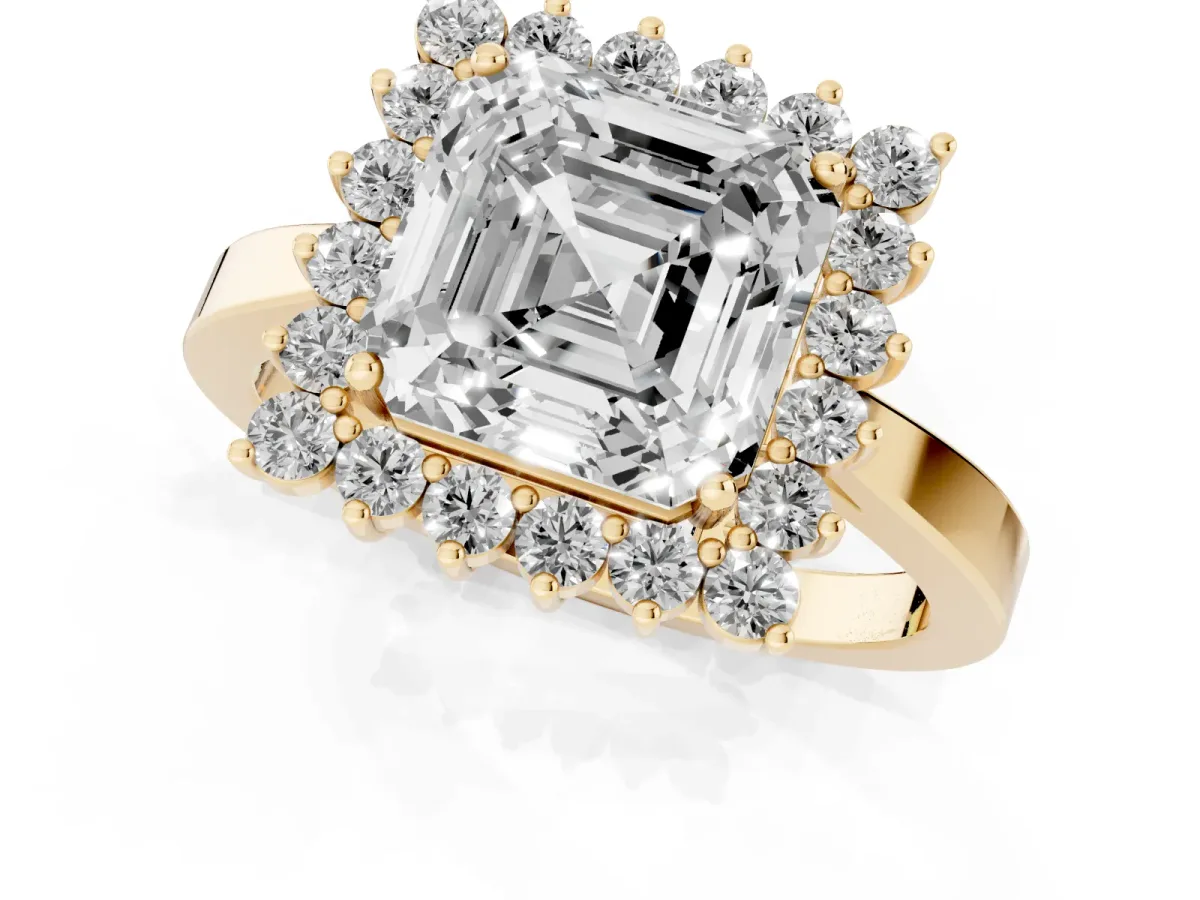 Asscher Cut Cut Diamond Halo Ring with Round Brilliant Halo and Solitaire Band Yellow gold