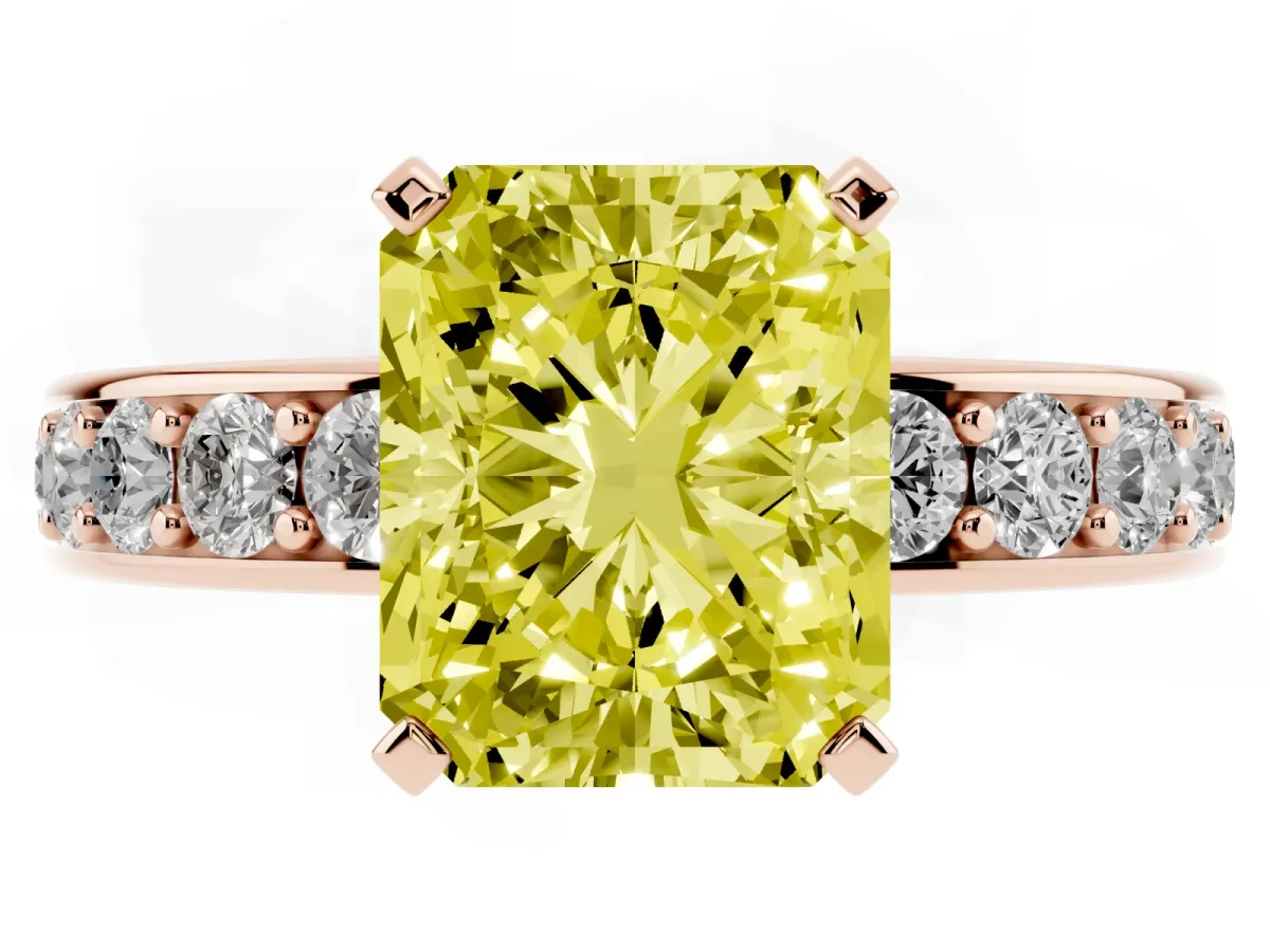 Fancy Yellow Radiant Cut Diamond Engagement Ring with Channel Set Round Band and Prong Setting Rose gold