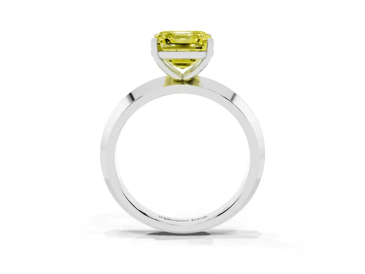 Fancy Yellow Asscher Cut Cut Solitaire Engagement Ring with Flat Band and Four-Prong Setting Silver