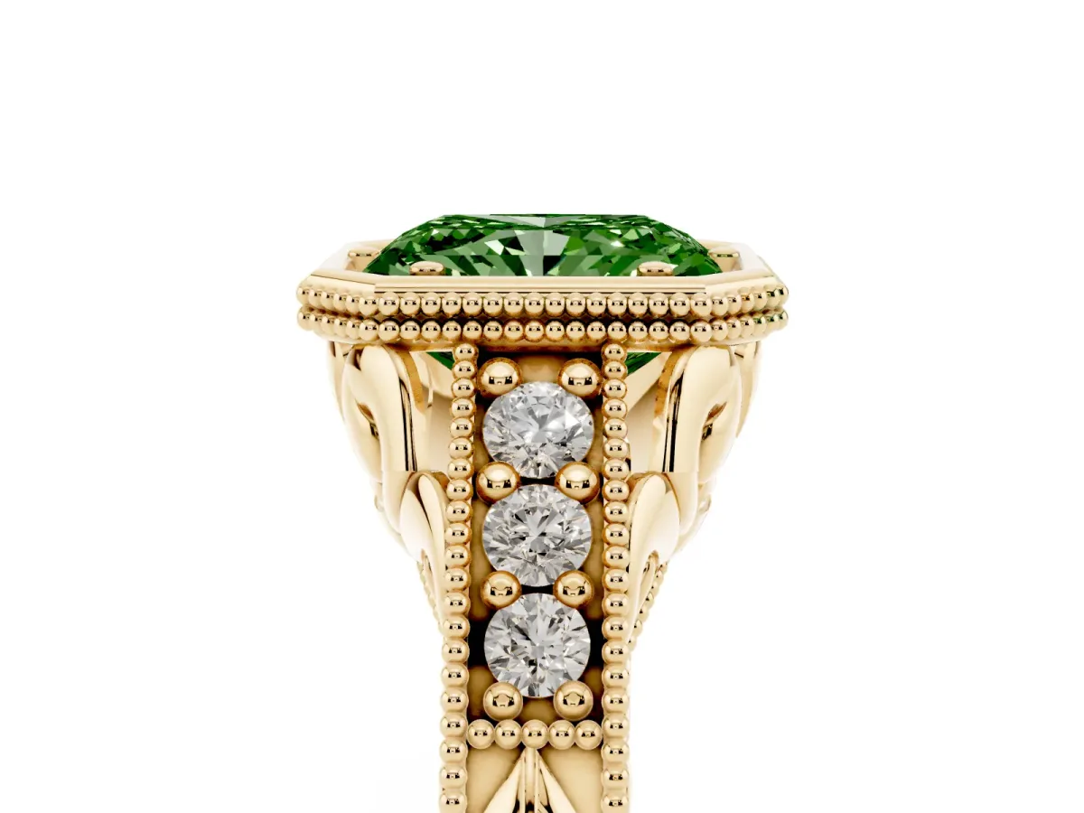 Fancy Green Bezel Set Radiant Cut Diamond Milgrain Pave Engagement Ring Yellow gold