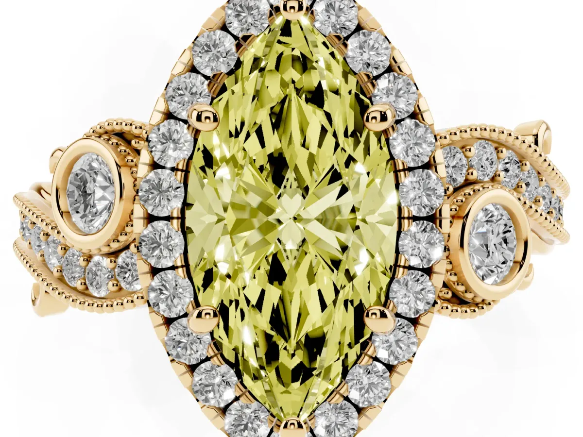 Fancy Yellow Marquise Cut Halo Diamond Ring with Milgrain and Bezel Accents on a Split Shank Band Yellow gold