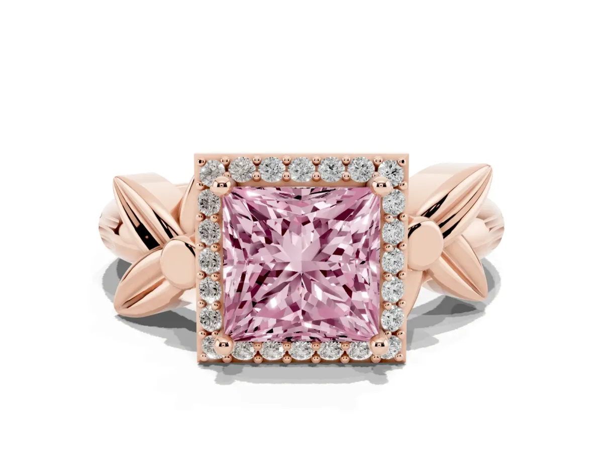 Fancy Pink Princess Cut Halo Diamond Floral Band with Four-Prong Setting Rose gold