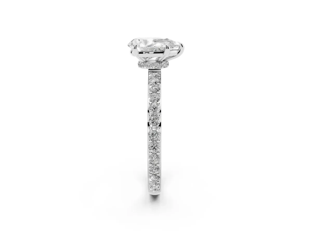 Pear Cut Diamond Pavé Engagement Ring with Round Accents and Prong Setting Platinum