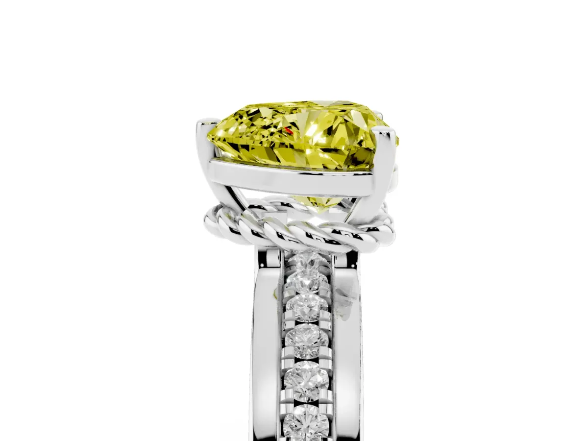 Fancy Yellow Heart Cut Solitaire Diamond Ring with Channel Set Band and Six-Prong Setting Platinum