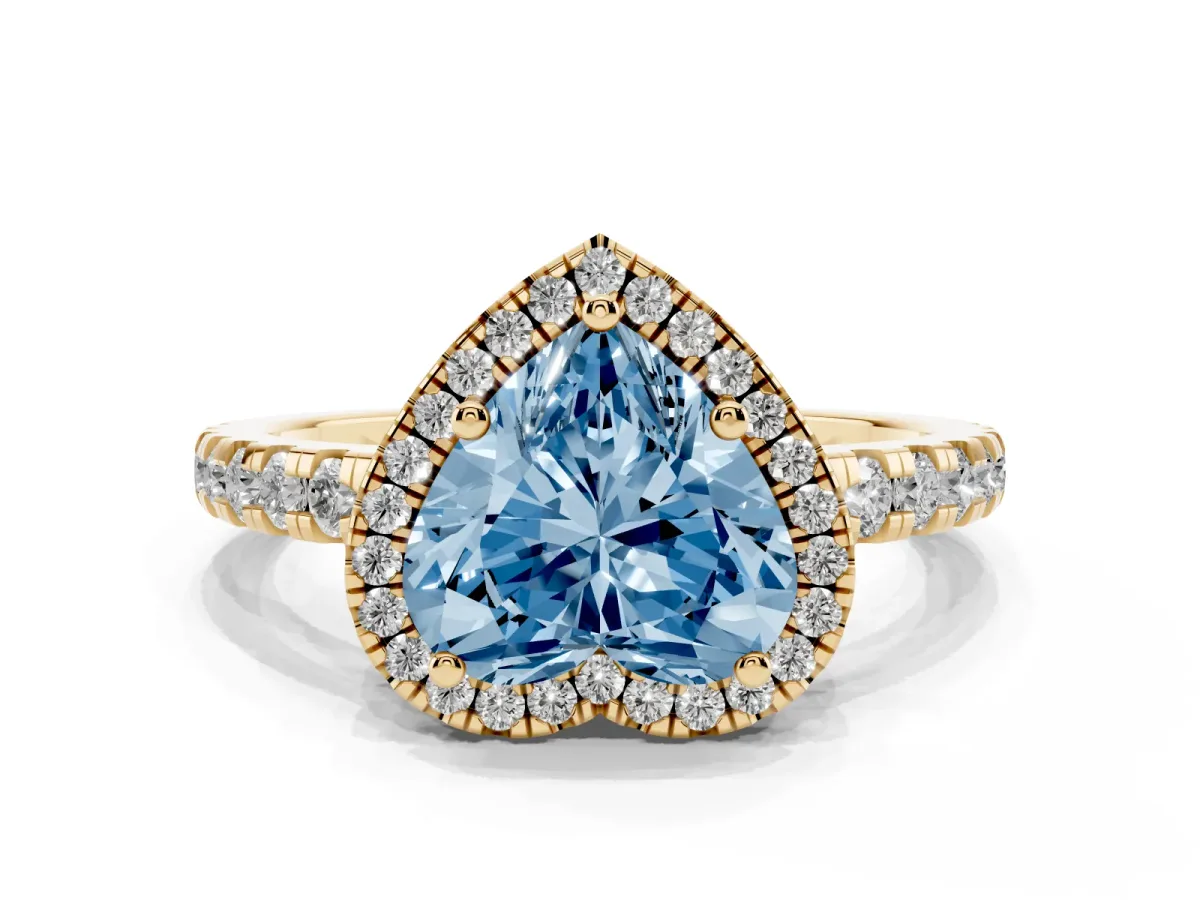 Fancy Blue Heart Cut Diamond Halo Ring with Pavé Band and Four-Prong Setting Yellow gold