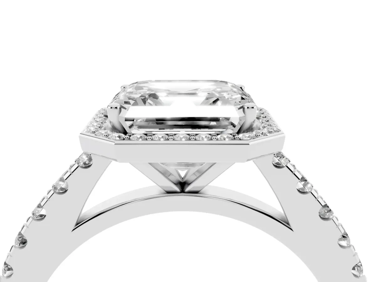 Asscher Cut Cut Halo Diamond Engagement Ring with Pave Band and Four-Prong Setting White gold
