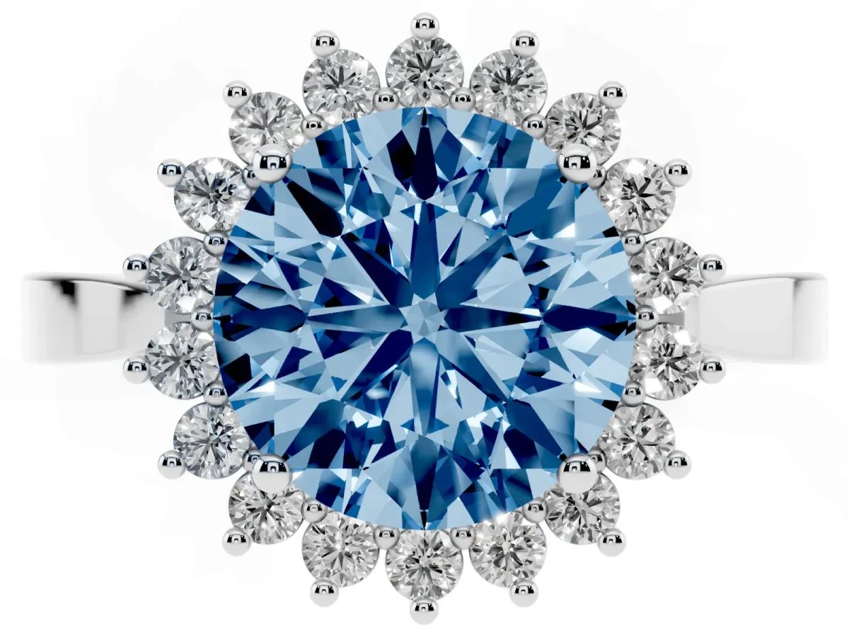Fancy Blue Round Cut Cut Diamond Halo Ring with Round Brilliant Halo and Solitaire Band Silver