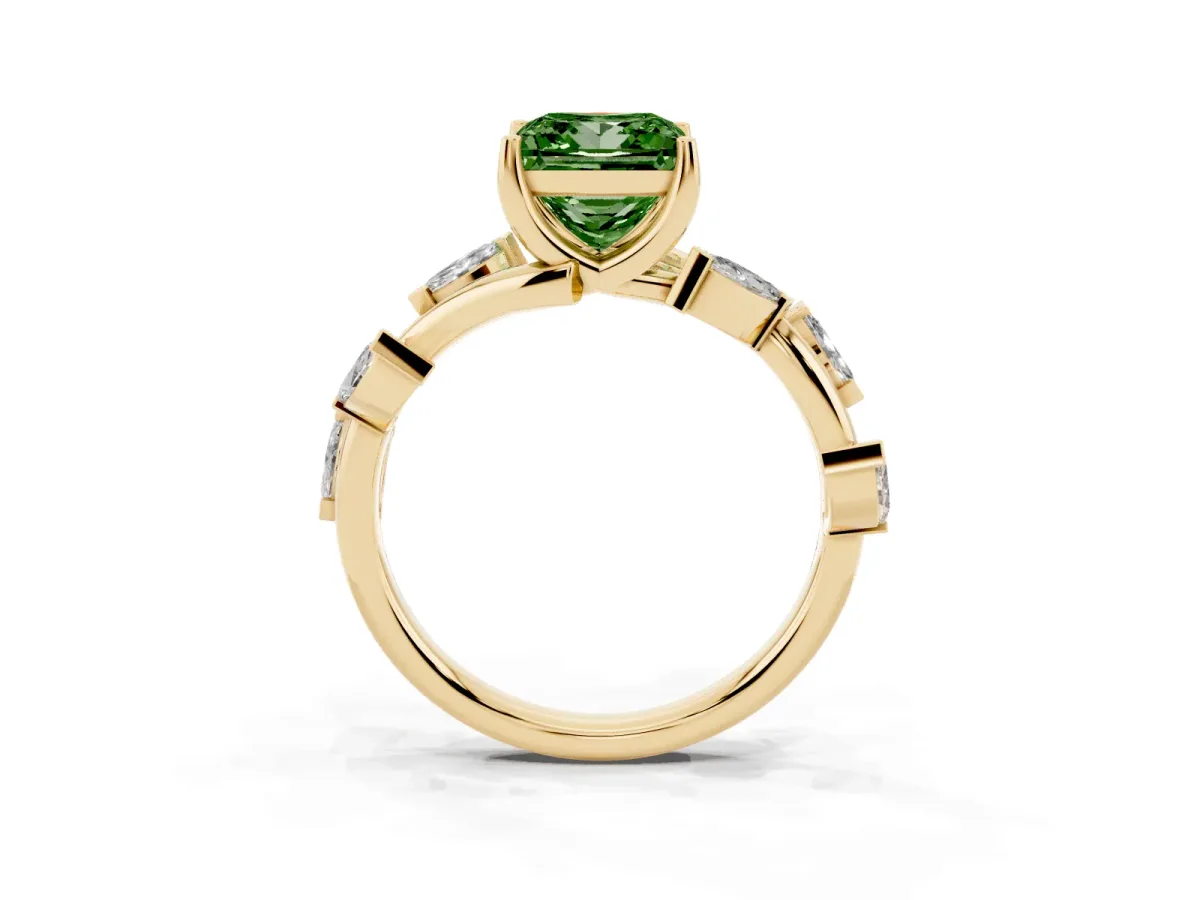 Fancy Green Princess Cut Solitaire Twisted Band Marquise Accent Prong Setting Ring Yellow gold
