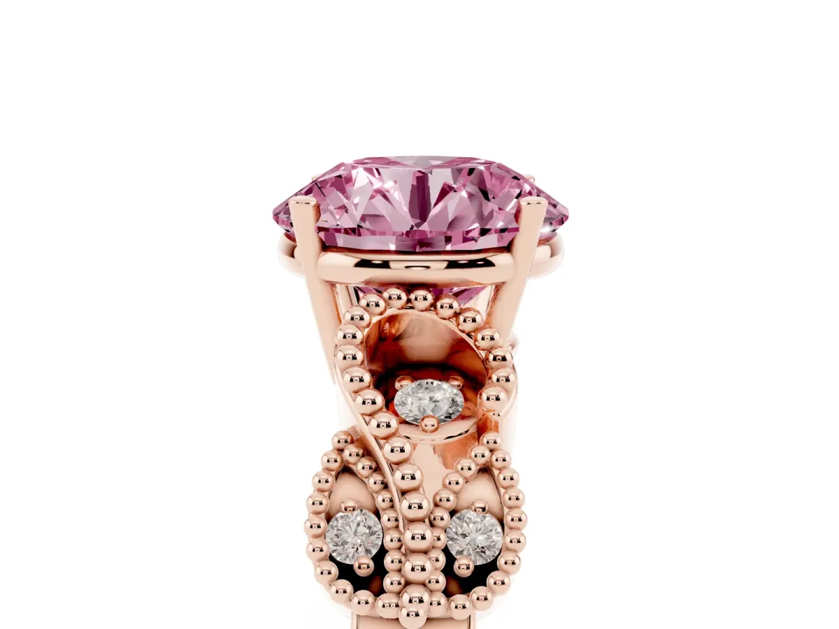 Fancy Pink Round Cut Solitaire Milgrain Leaf Band with Prong Setting Rose gold