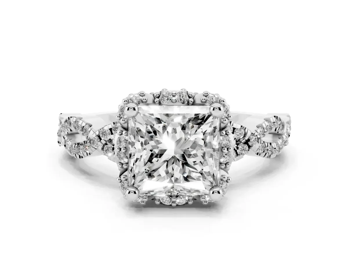 Princess Cut Halo Twist Band Solitaire Ring with Six-Prong Setting Silver