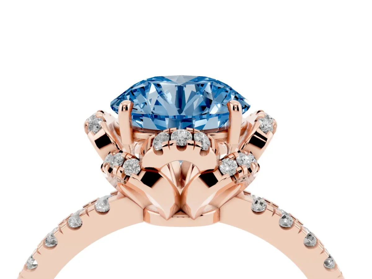 Fancy Blue Round Cut Diamond Halo Pave Band with Four-Prong Setting Rose gold