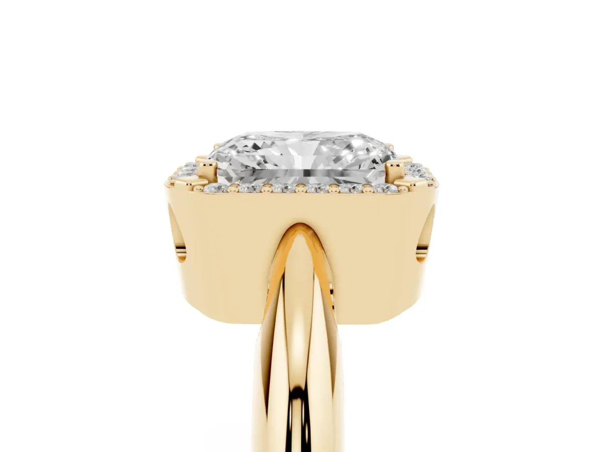 Radiant Cut Cut Diamond Halo Engagement Ring with Split Shank and Four-Prong Setting Yellow gold