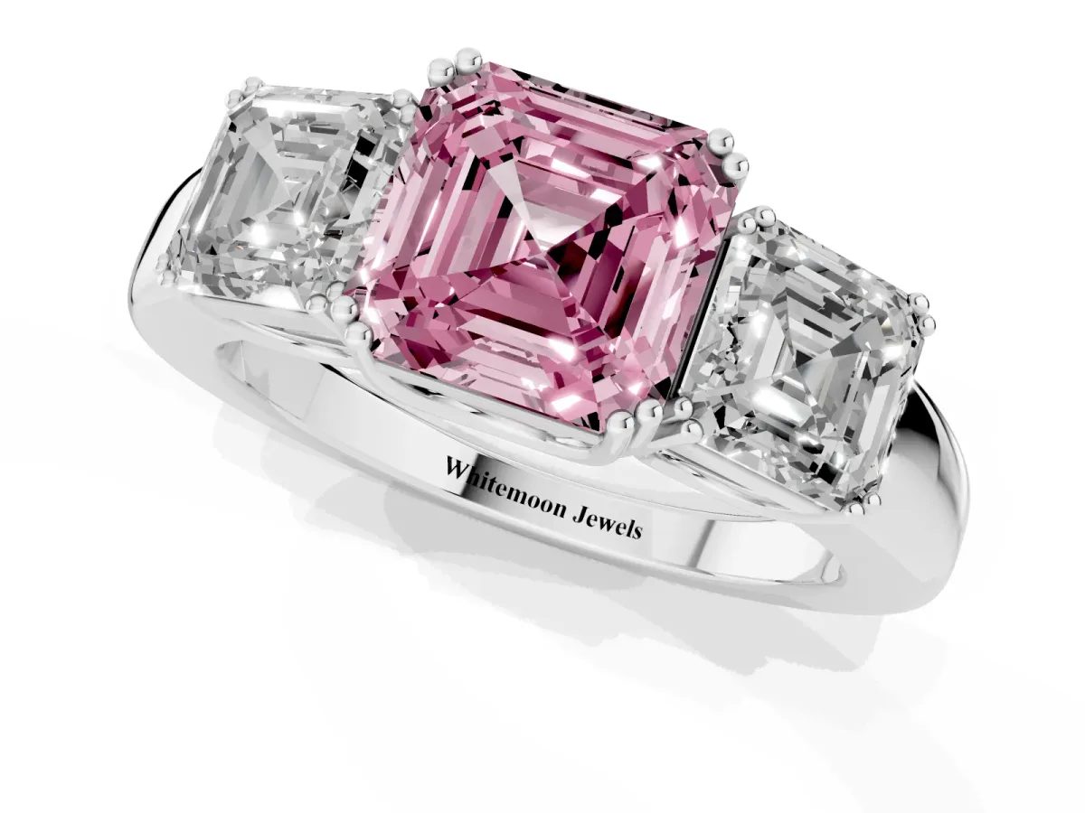 Fancy Pink Three-Stone Asscher Cut Cut Diamond Ring with Channel Set Band and Four-Prong Setting Silver
