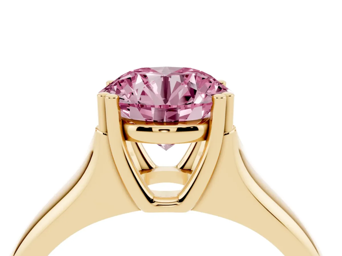 Fancy Pink Round Cut Diamond Solitaire Ring with Wide Band and Prong Setting Yellow gold
