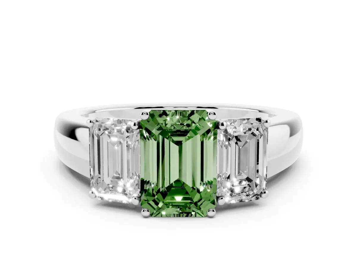 Fancy Green Three-Stone Emerald Cut Cut Diamond Ring with Prong Setting and Classic Band Silver