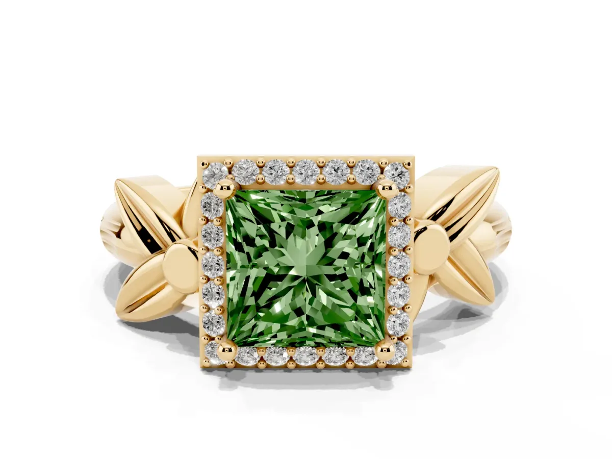 Fancy Green Princess Cut Halo Diamond Floral Band with Four-Prong Setting Yellow gold