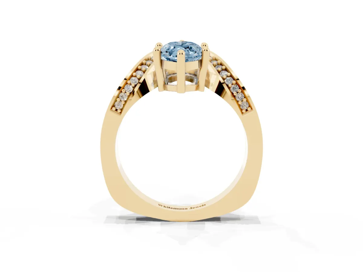 Fancy Blue Marquise Cut Solitaire Diamond Engagement Ring with Pave Band and Four-Prong Setting Yellow gold