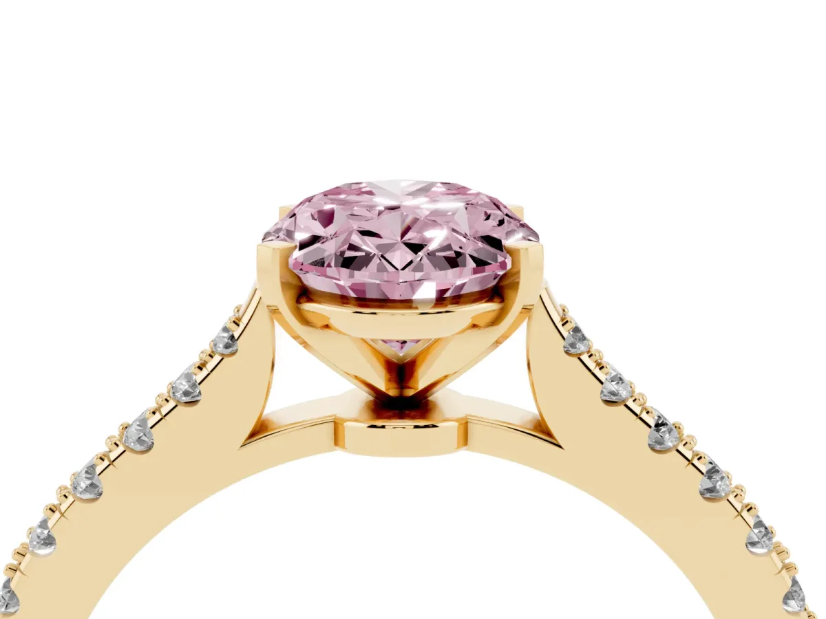 Fancy Pink Oval Cut Cut Solitaire Diamond Engagement Ring with Pave Band and Four-Prong Setting Yellow gold