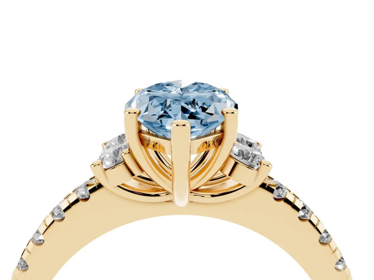 Fancy Blue Marquise Cut Diamond Three-Stone Pave Band with Four-Prong Setting Yellow gold