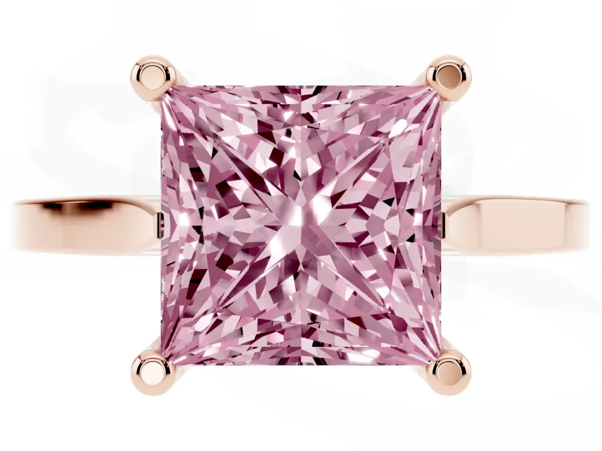 Fancy Pink Princess Cut Solitaire Diamond Ring with Four-Prong Setting and Tapered Band Rose gold