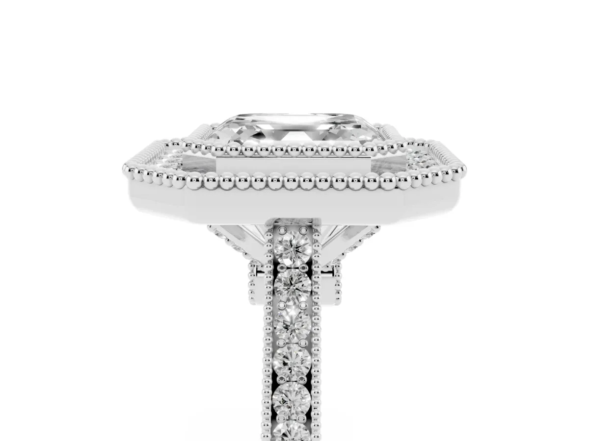 Asscher Cut Diamond Halo Ring with Milgrain Frame and Pavé Band Silver