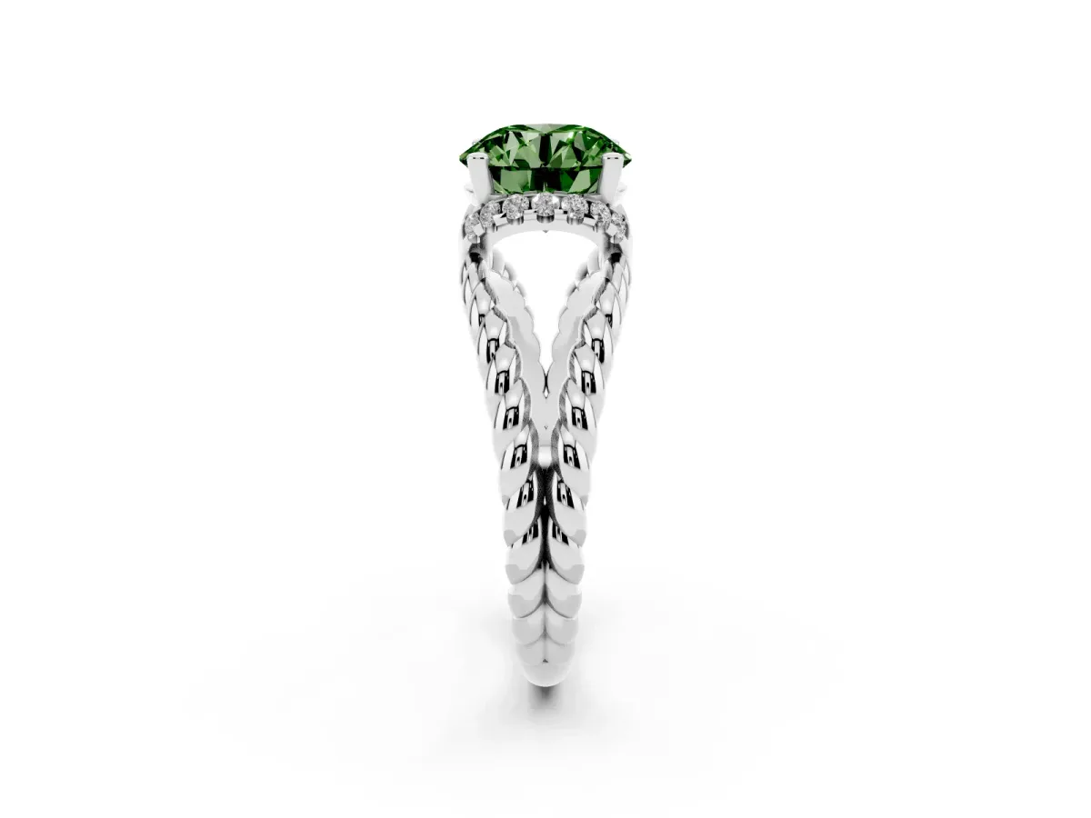 Fancy Green Round Cut Halo Twisted Band Four-Prong Ring Silver