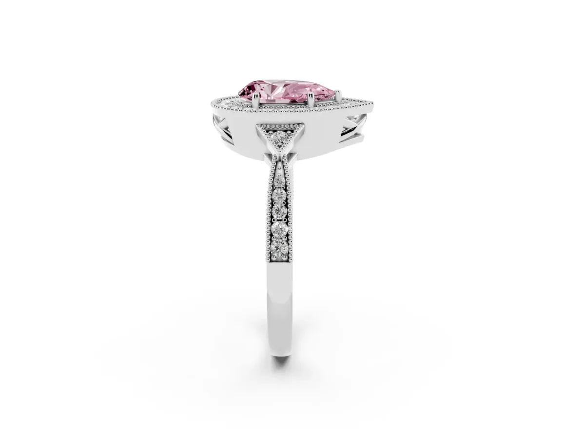 Fancy Pink Pear Cut Halo Round Diamond Milgrain Pave Engagement Ring Platinum