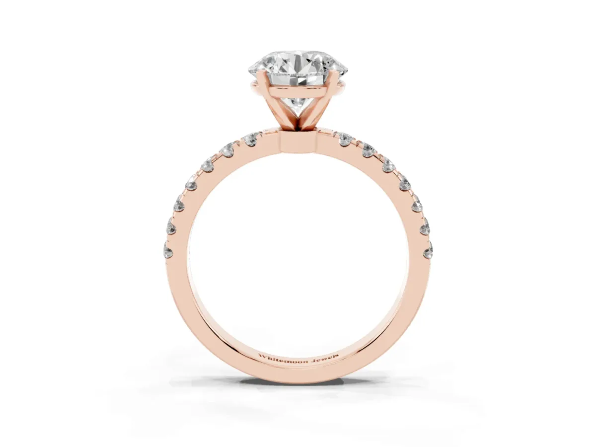 Round Cut Diamond Solitaire Ring with Pavé Accents and Four-Prong Setting Rose gold