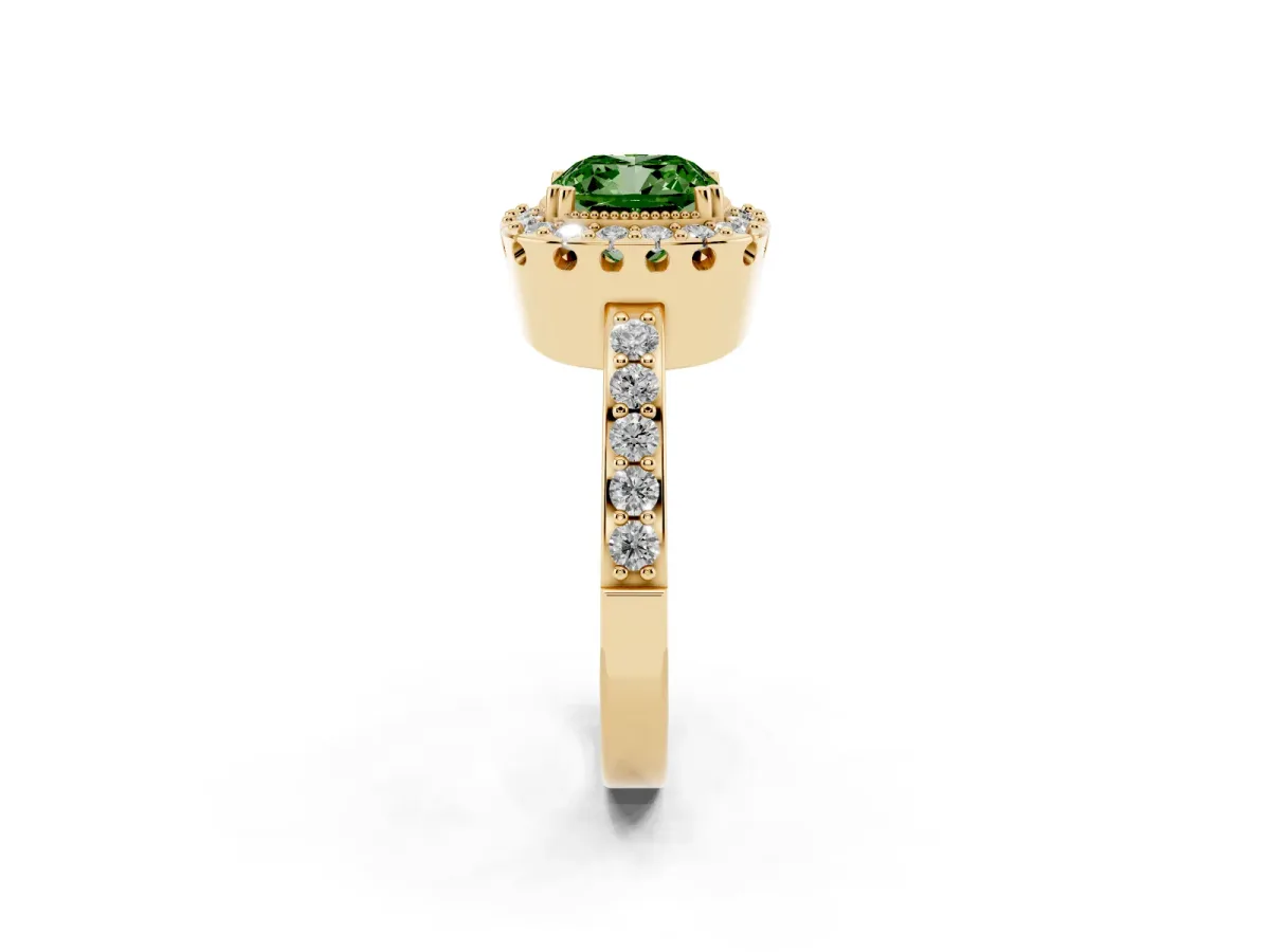 Fancy Green Cushion Cut Diamond Halo Ring with Pavé Band and Prong Setting Yellow gold