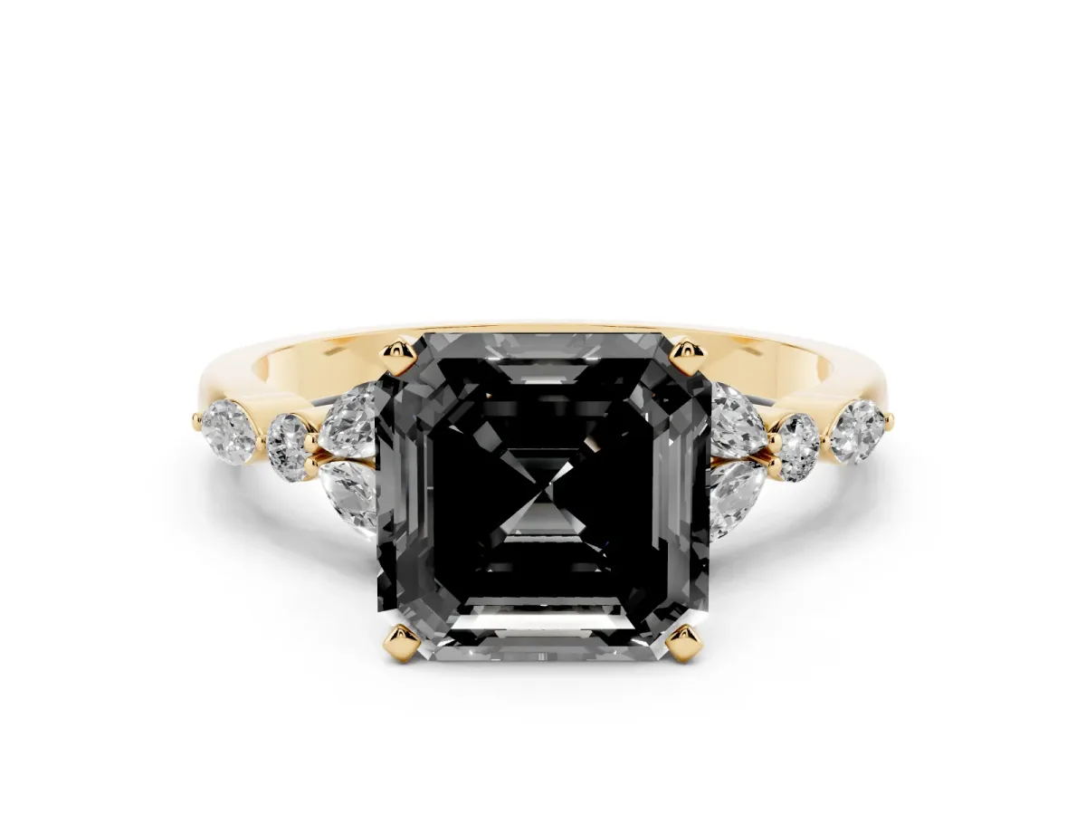 Fancy Black Asscher Cut Diamond Solitaire Ring with Side Stones and Four-Prong Setting Yellow gold