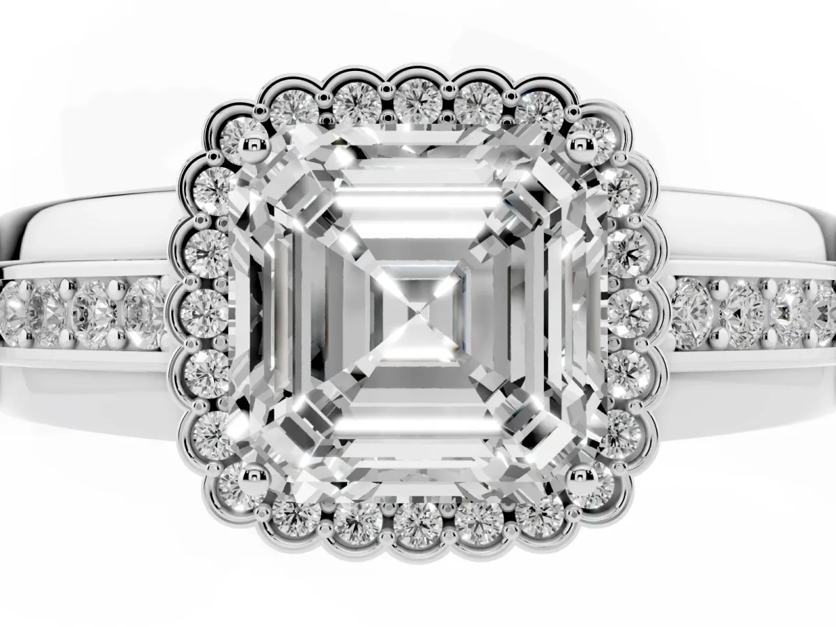 Asscher Cut Cut Halo Pave Band Four-Prong Ring Silver