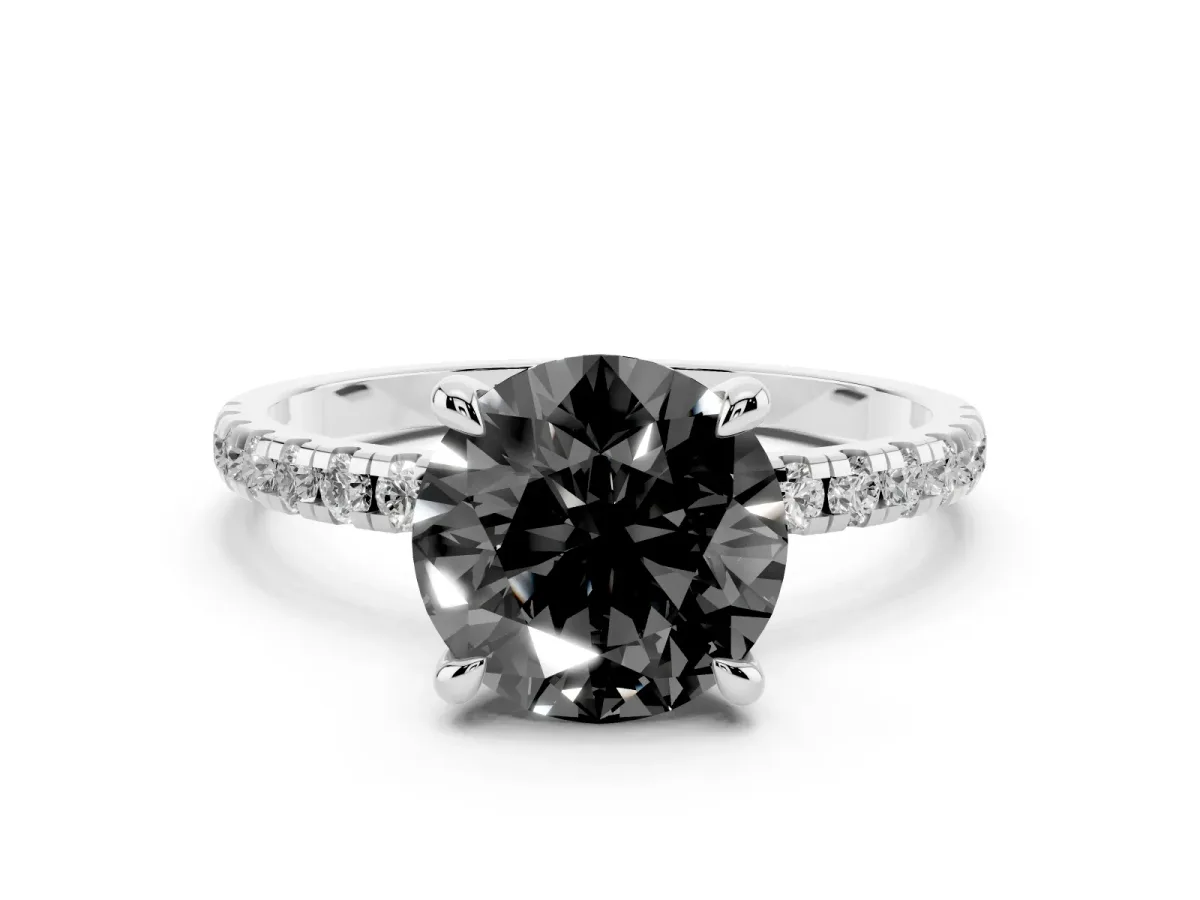 Fancy Black Round Cut Diamond Brilliant Solitaire Ring with Pavé Band and Four-Prong Setting Platinum