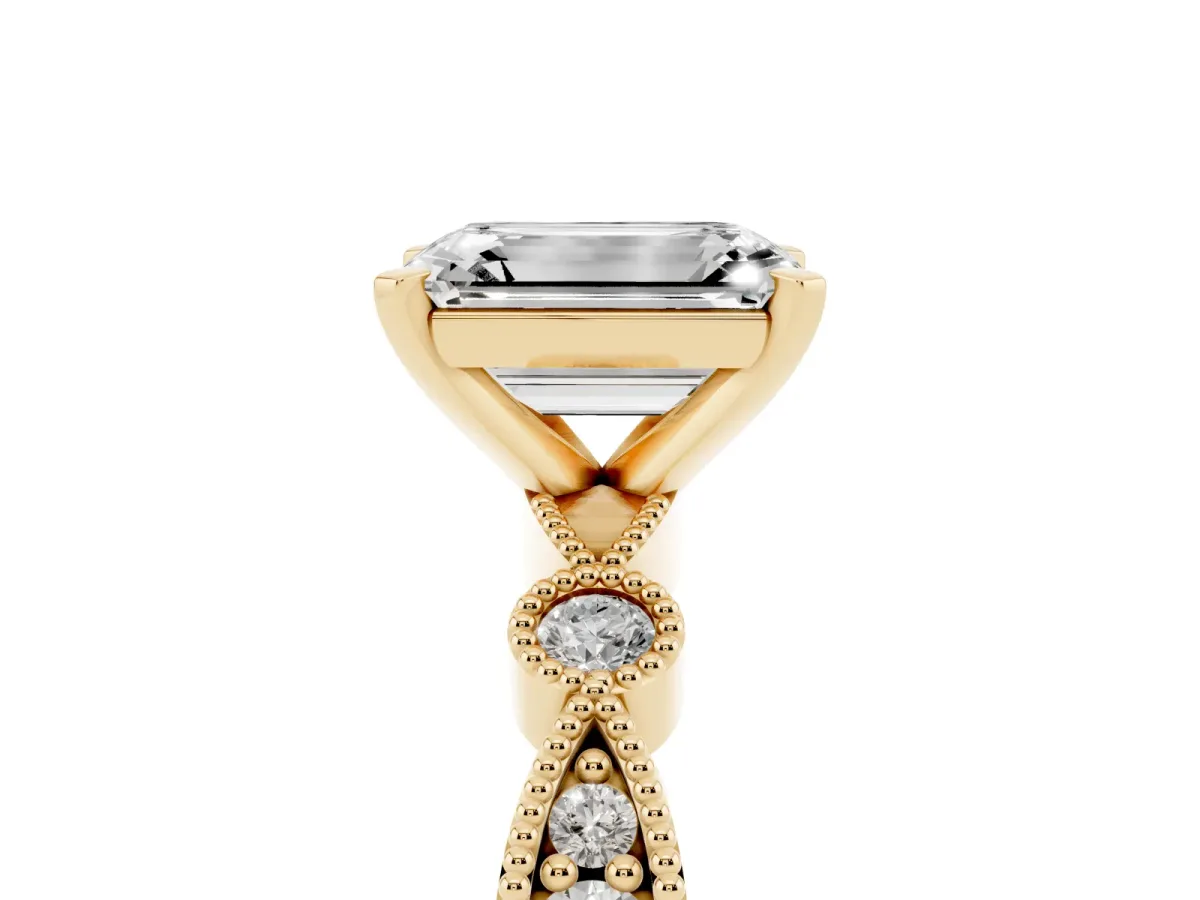 Emerald Cut Milgrain Bezel Diamond Engagement Ring with Solitaire Prong Setting Yellow gold